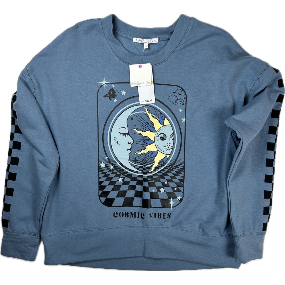 Rebellious One Womens Cosmic Vibes Sun Moon Graphic Sweatshirt Blue Small NWT